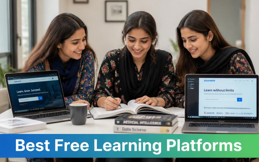 Three Pakistani girl students studying free online courses together on laptops