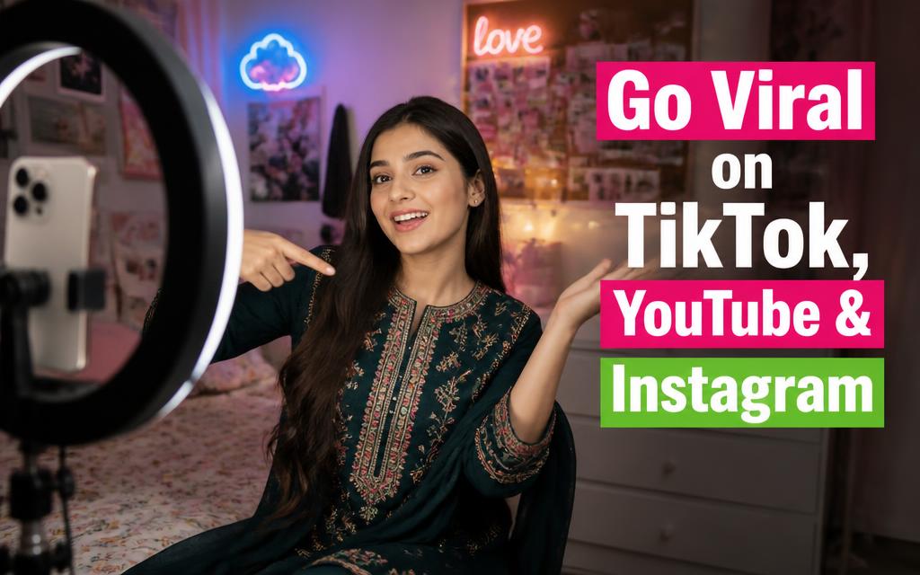 Pakistani girl creator recording a viral video with a ring light and phone
